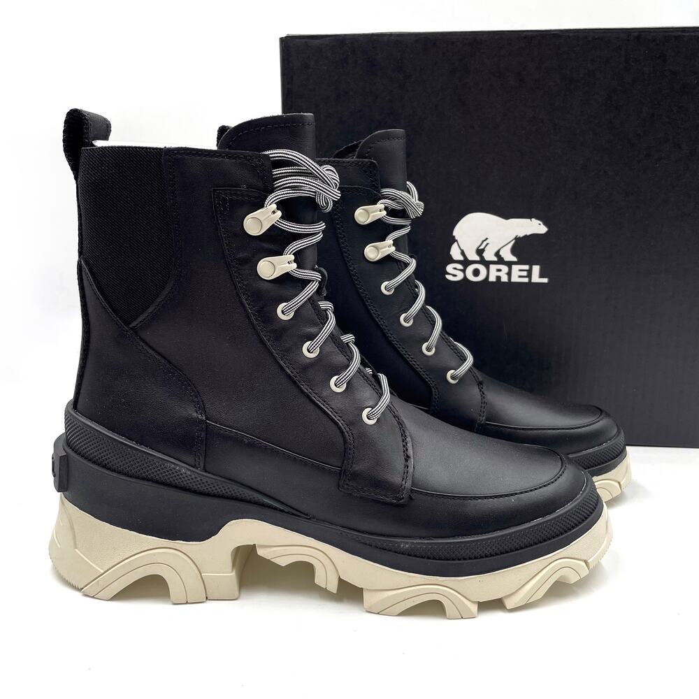 Sorel Brex Boots Black Chalk Lace Up Leather Waterproof Lug‎ Chunky Sz 8.5